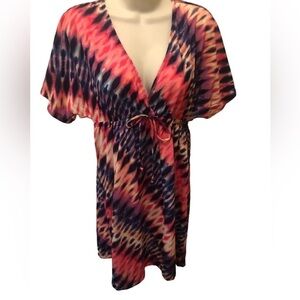 Swimsuits For All Tie Dye Swim V-Neck Cover Up Sz. 10/12 Empire Waist SS Beach